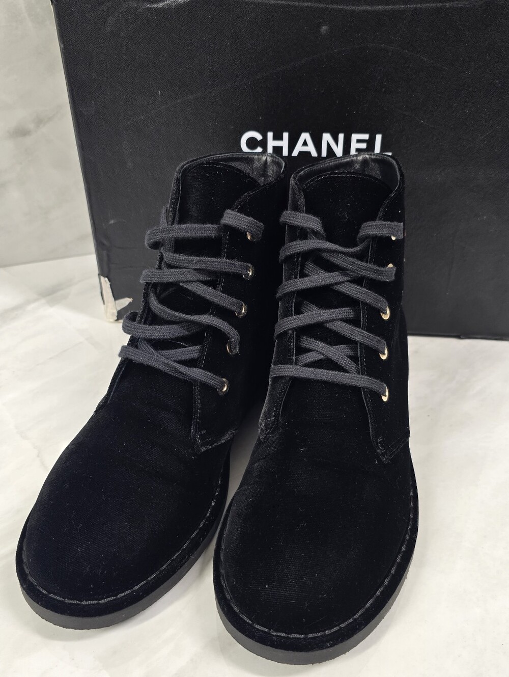 CHANEL Black Velvet Lace-Up Ankle Boots with Logo - Picture 2 of 12